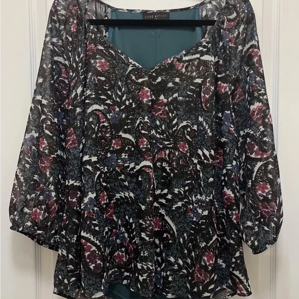 Lane Bryant Women's Black Floral Top size 14 shimmer sheer